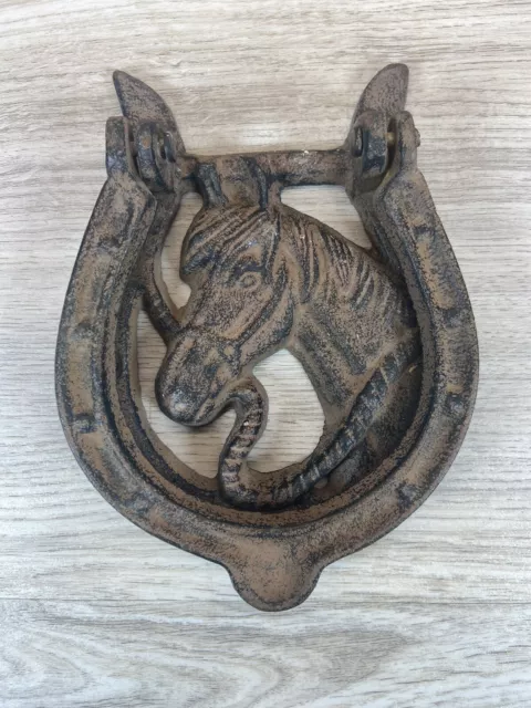 Vintage Cast Iron Horse Head Horseshoe Door Knocker With Patina Great Condition