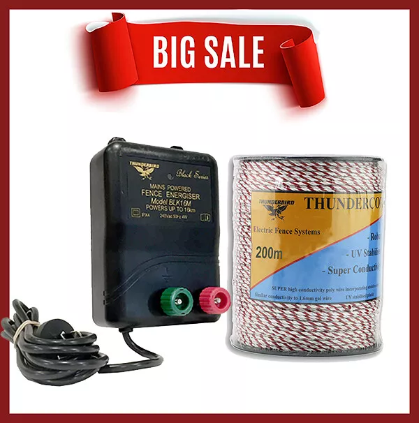 15km M120 MAINS Electric Fence Energiser Thundercord 200m Cord Wire Thunderbird