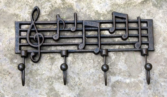 NEW CAST IRON MUSICAL NOTES w/ 4 HOOKS / HANGERS WALL ART DECOR