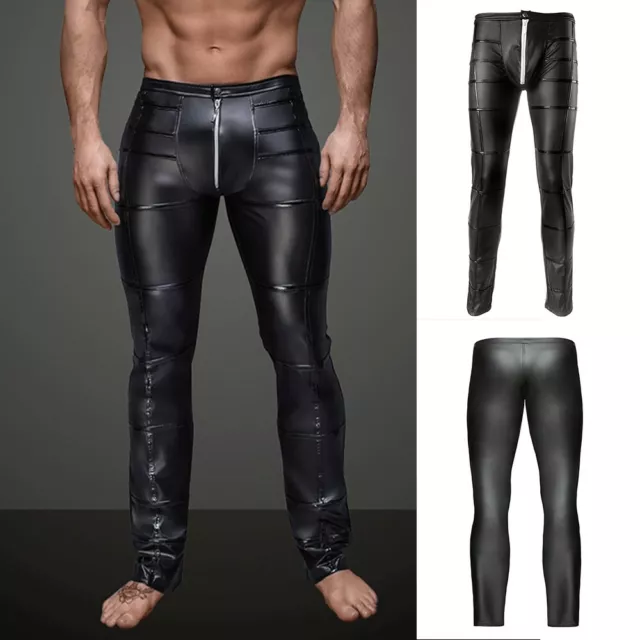 Hommes Pantalon Pochette Brillant Slim Fit Mouillé Look Zippé Noir Clubwear