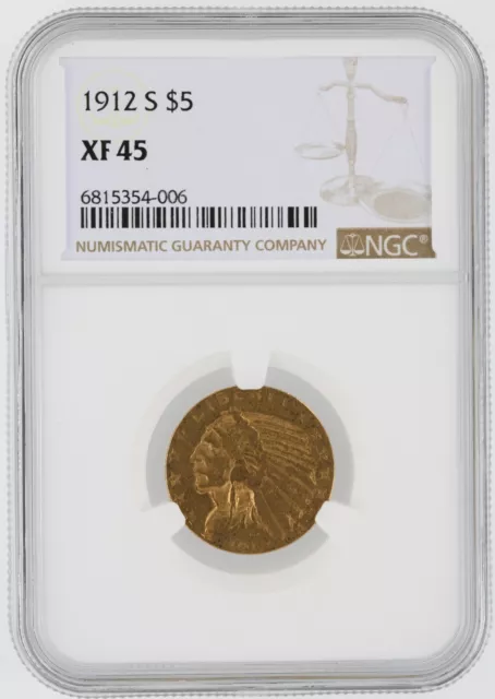 1912-S Indian Head Gold Eagle NGC XF45 $5 San Francisco Minted Motto Gold Coin