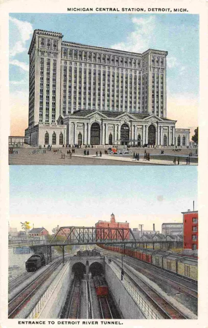 Michigan Central Station Railroad Depot River Tunnel Detroit MI 1930s postcard
