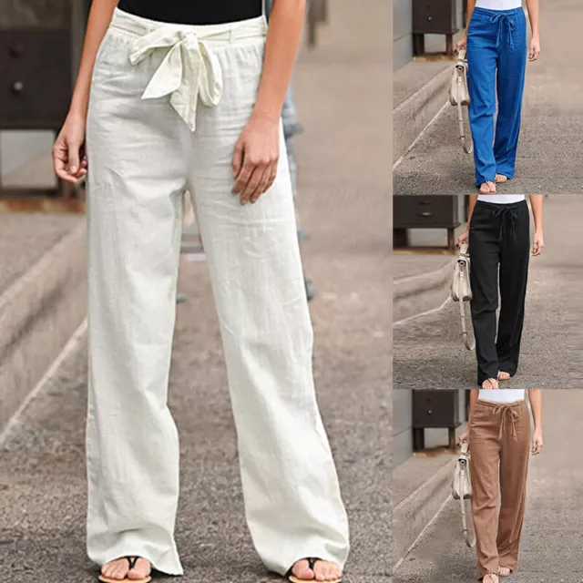 Women Cotton Linen Wide Leg Trousers Elastic High Waist Loose Baggy Casual Pants