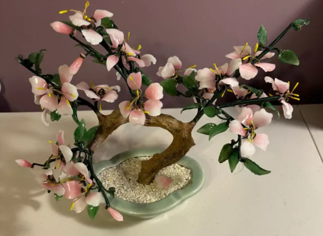 Vintage Chinese Peking Glass Stone Jade Cherry Blossom Bonsai Tree Pink Flowers