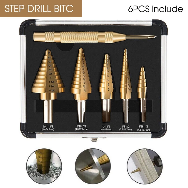 6PC HSS Automatic Center Titanium Step Drill Bit Set Punch High Speed Steel