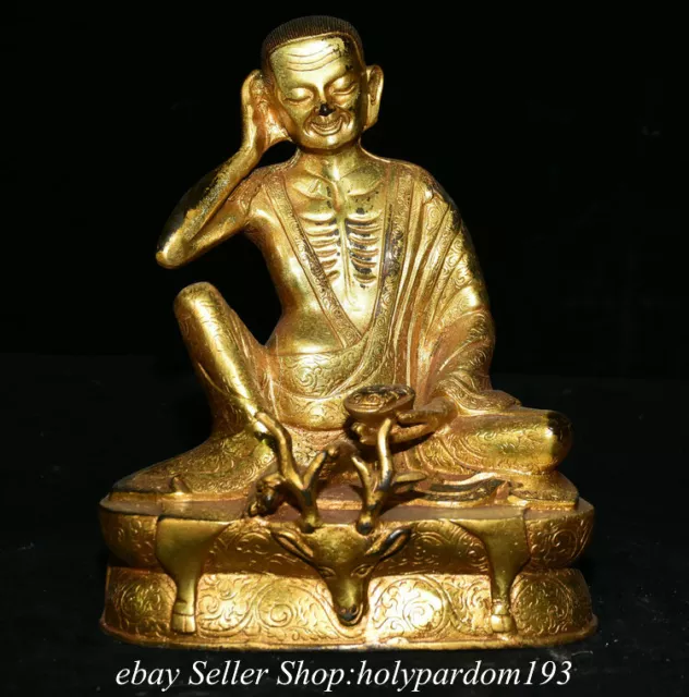 8" Old Tibet Tibetan Bronze Gilt Milarepa Buddha Statue Sculpture