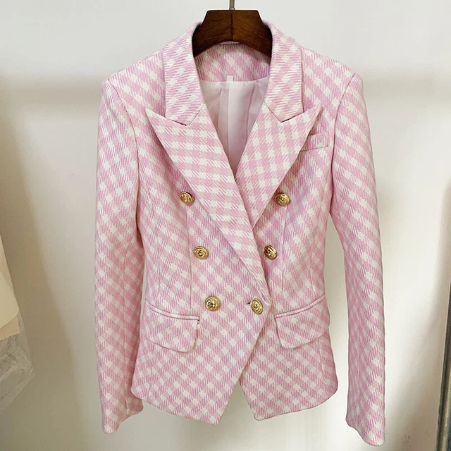 Donna Design Ispirato Aderente Rosa Quadri Giacca D'Oro Leone Bottoni Rosa