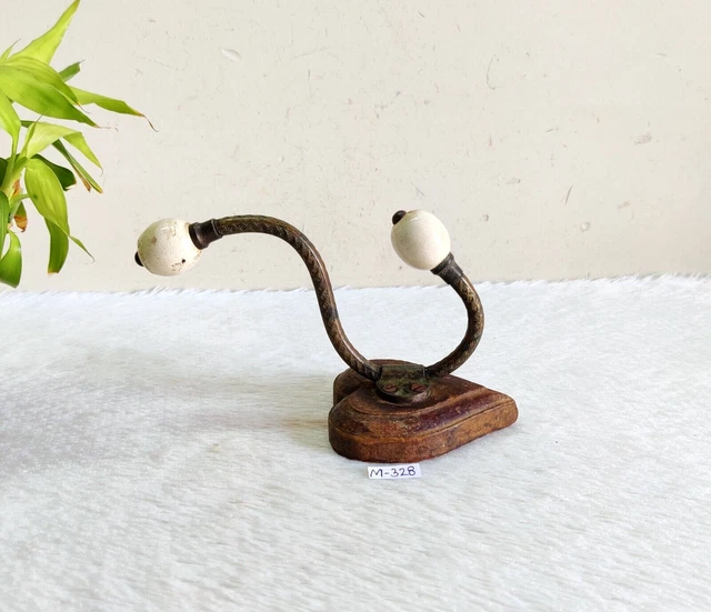 19c Vintage Original Victorian Ceramic Knobs Ornate Brass Wall Hanger Hook M328