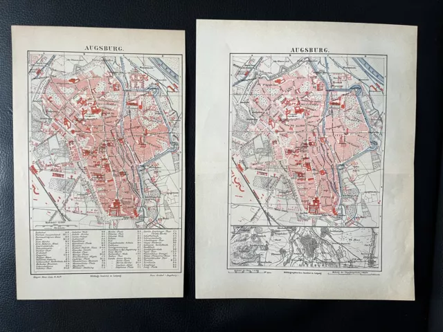 Konvolut 2 antike historische Stadtpläne Augsburg 1880 - 1895