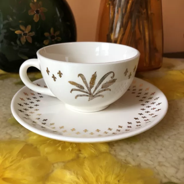 Rare Vintage HLC Golden Wheat Fleur-de-lis Cup and Saucer USA Pottery MCM Teacup