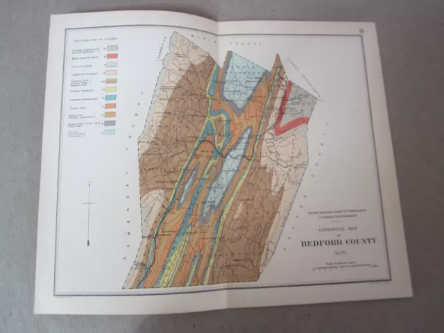 Old Antique - 1876 - Geological MAP of BEDFORD County - Pennsylvania