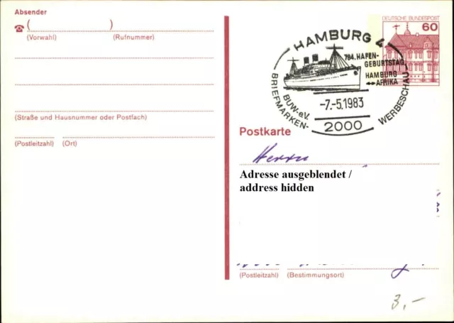 Sonderstempel HAMBURG 794. Hafen Geburtstag 1983 auf Bund Ganzsachen Postkarte