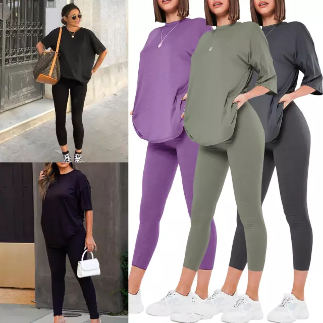 New Ladies Plain Oversized Longline T-Shirt Leggings Co-Ord Set Casual  Tracksuit