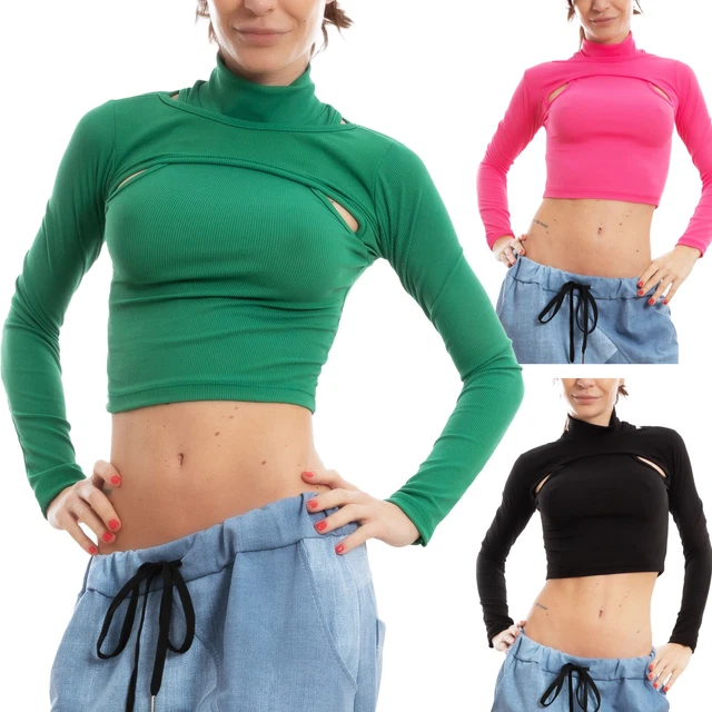 Crop top donna lupetto coprispalle costine t-shirt TOOCOOL VI-08030