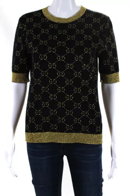 Gucci Womens Short Sleeve Metallic GG Crew Neck Knit Top Black Gold Size Medium