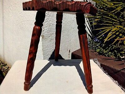 VINTAGE HEXAGONAL RUSTIC WOODEN TRIPOD STOOL with EMBOSSED LEATHER TOP 8