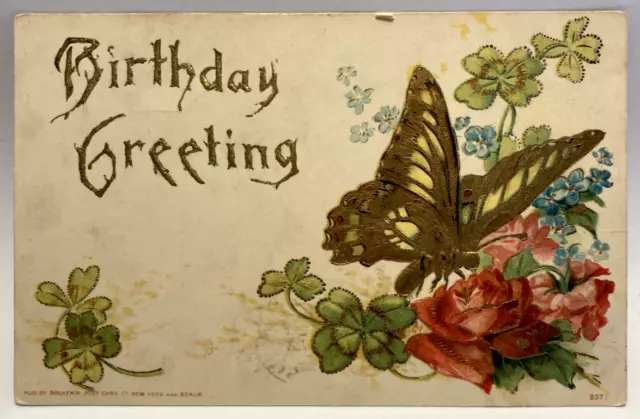 1906 Birthday Greeting, Gold Butterfly, Roses, Clover, Vintage Postcard