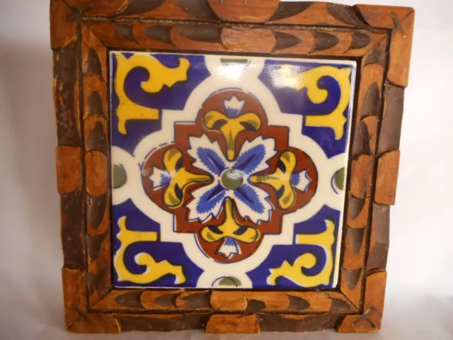 cobalt blue tile trivet Kitchen decor ornate Mexico wood etched Hand painted