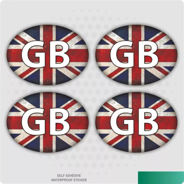 4 x GB Car Stickers - Union Jack Grunge Oval Self-Adhesive Vinyl Car, Van, Lorry