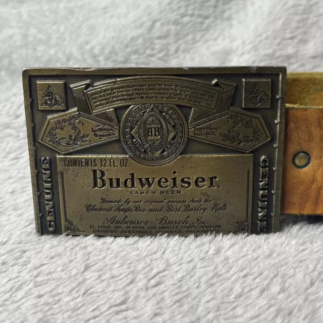 Budweiser Brass Belt Buckle With Original 37” Brown Leather Belt (3.5” X 2.5”)