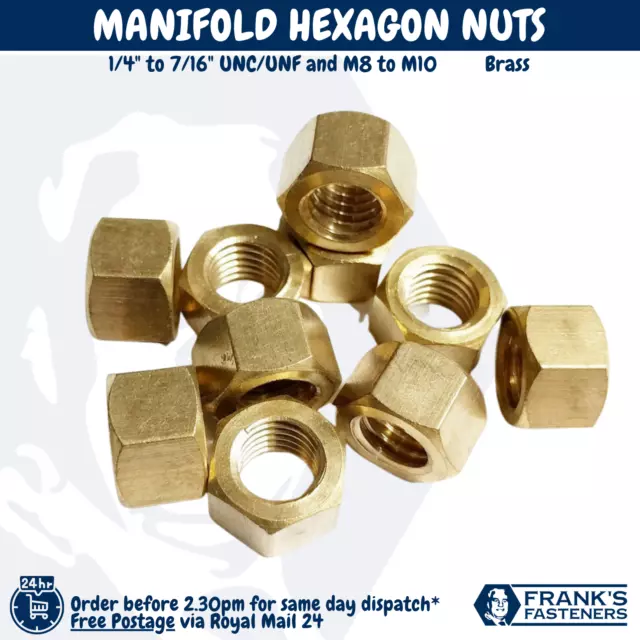 BRASS MANIFOLD HEXAGON HEX NUTS  1/4" 5/16" 3/8" 7/16" UNC UNF M8 M10 M10-Fine
