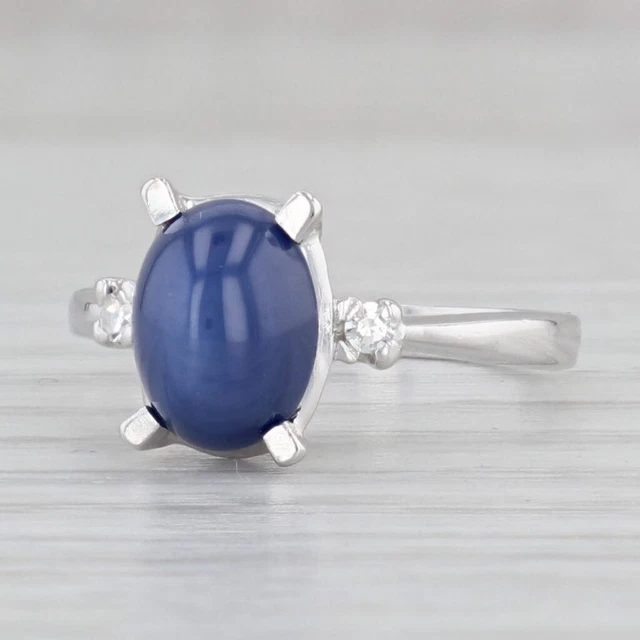 Lab Created Linde Star Sapphire Diamond Ring 14k White Gold S 6.25 Oval Cabochon