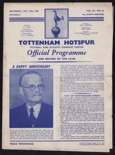 VINTAGE FOOTBALL PROGRAMME TOTTENHAM HOTSPUR v NOTTINGHAM FOREST 24 OCTOBER 1959