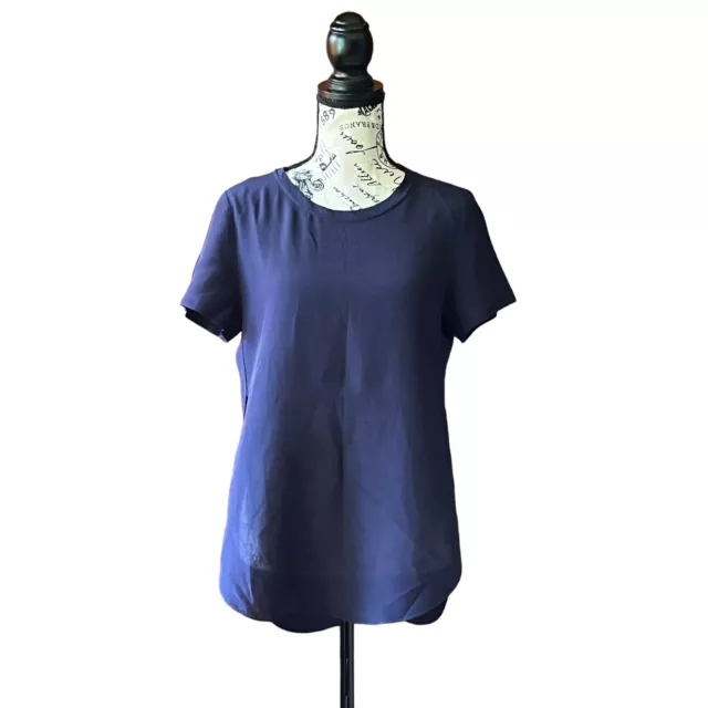 3.1. PHILLIP LIM Silk Short Sleeve Navy Overlapping Side Seam Shirt Blouse Sz 0