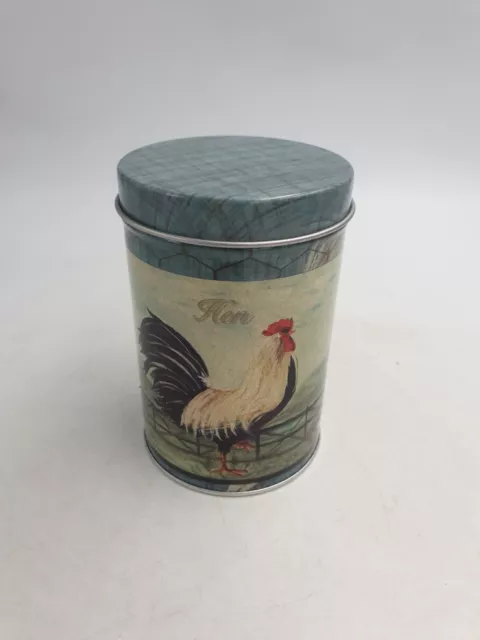 Novelty Cylinder Shaped Tin Rustic Look Hen Rooster Cockerel Feathers Motif