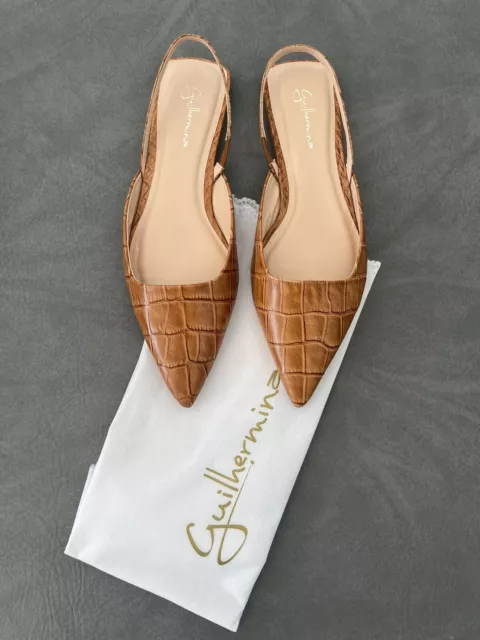 NEW Anthropologie Guilhermina Leather Crocodile Pointed Slingback Flats 39/8 TAN