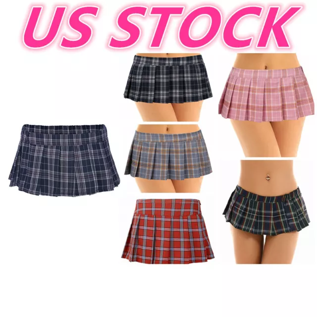 US Women's Plaid Schoolgirl Short Skirt Bodycon Club Lingerie Pleated Mini Dress