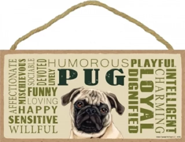 PUG Subway Style Wood Dog Indoor Sign 10"x 5"  Made in USA fawn tan brown puppy