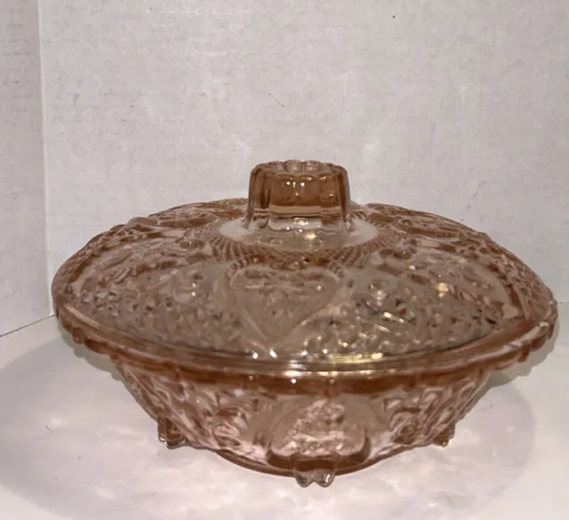 Vintage KIG Candy Dish. Pink Depression Glass with hearts on lid. 4”Tx7”W.