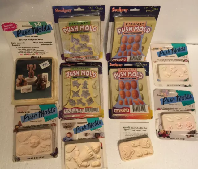 Lot of 10 Vintage Polyform Sculpey Flexible & Amaco Push Mold Clay Craft +BONUS