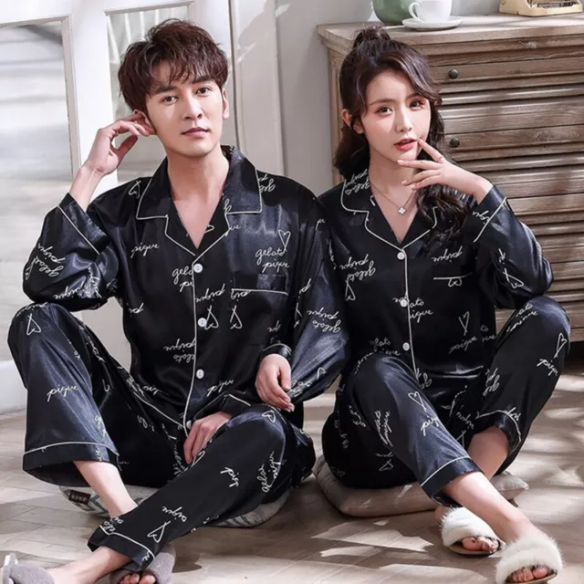 Couple Silk Satin Pajamas Set Men Women Sleepwear Unisex Long Sleeve Loungewear