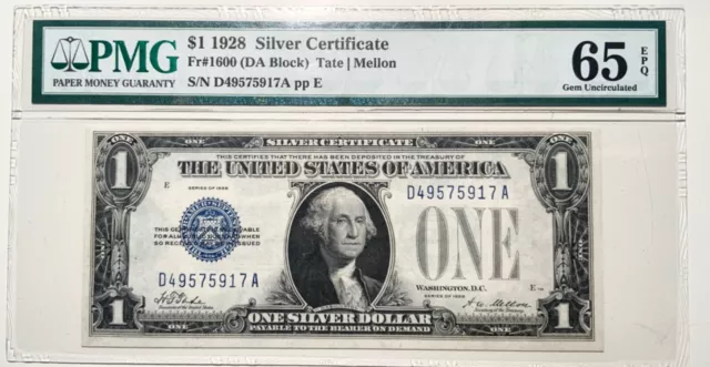 $1 1928 Silver Certificate Fr#1600 (DA Block) PMG 65 EPQ