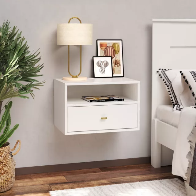 Floating Bedroom Modern 1-Drawer Nightstand with Open Shelf, White