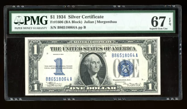 DBR 1934 $1 Silver Superb Gem Fr. 1606 BA Block PMG 67 EPQ Serial B86518064A