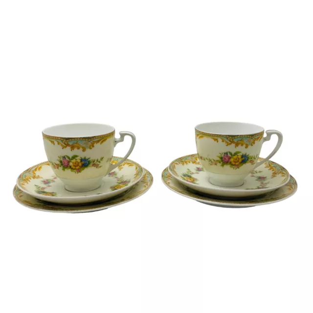 Noritake Trio x2 Green Border Floral Sprays Tea Cup Saucer Side Plate Pair China