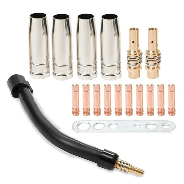 Kit 21 Pièces Consommables Torche Soudage MIG - 10 Contacts M6 0.6mm, Buses Céramique, Diffuseurs - Pour MB15/15AK