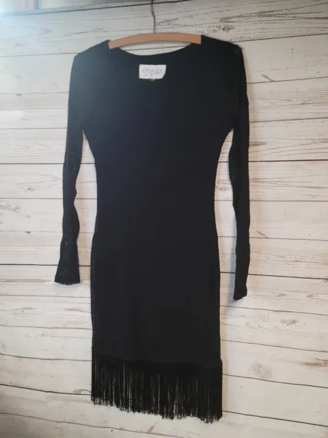 Rory Beca Women's black dress Size XS fringe Lace Long Sleeve Sheath