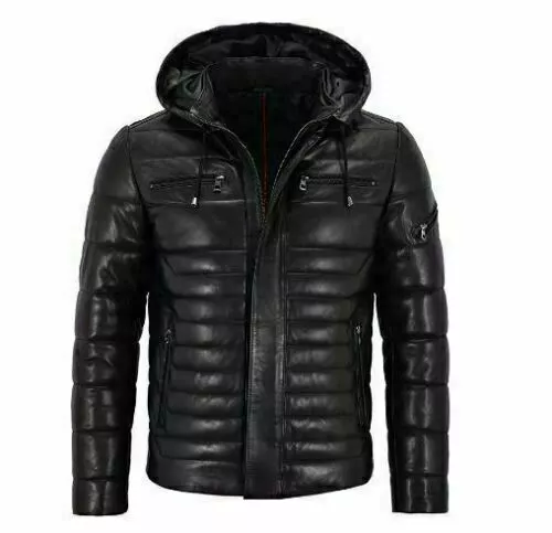 Men genuine lambskin leather Puffer Hooded Black Fully Quilted Biker Coat Jacket