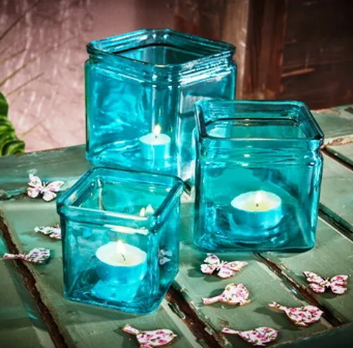 Deko-Glas*türkis maritim*3 Größen Windlicht*Kerzenglas*Teelichthalter Quadrat