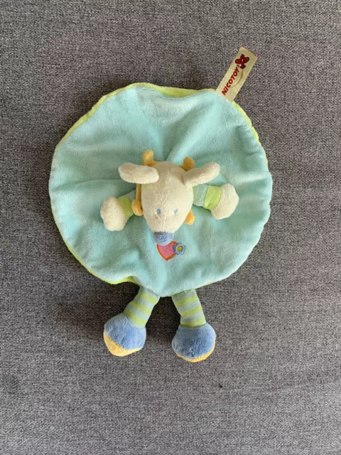 Doudou Peluche Plat Rond Souris Bleue Coeur Rose Col Jaune Nicotoy TBE