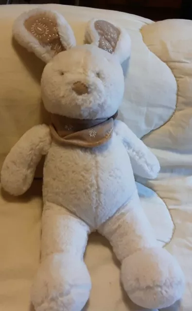 DOUDOU PELUCHE LAPIN BLANC  FOULARD BANDANA MARRON DAIM NICOTOY SIMBA 36 cm