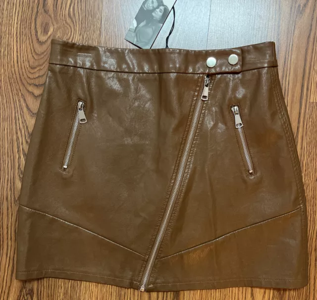 NWT NEW Kendall & Kylie Faux Leather Zippered Mini Skirt size Large L Brown