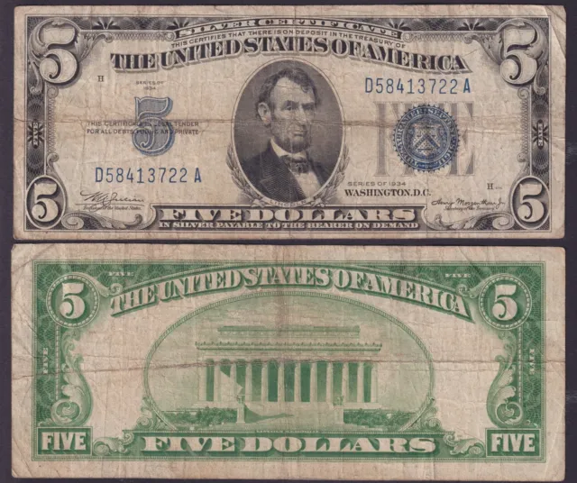 USA 5 Dollars 1934 * F *  Silver Certificate * Blue Seal * P-414A