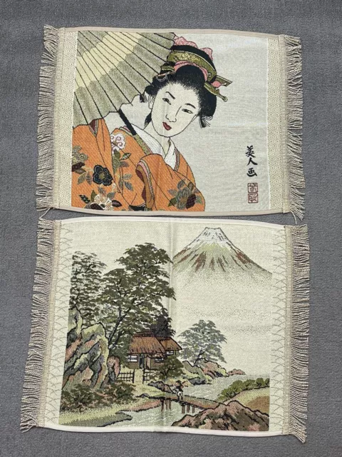 Lot Of 2 Vintage Japanese 15 x 17 Inch Gold Thread Woven Fabrics Textile