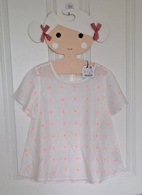 CAMICETTA TOP ZARA LEGGERA IN COTONE BIANCO/ROSA CORALLO BRILLANTE NUOVA CON ETICHETTE - Età 9-10 Anni