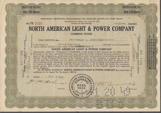 North American Light & Power stock certificate 1929 Five Shares
